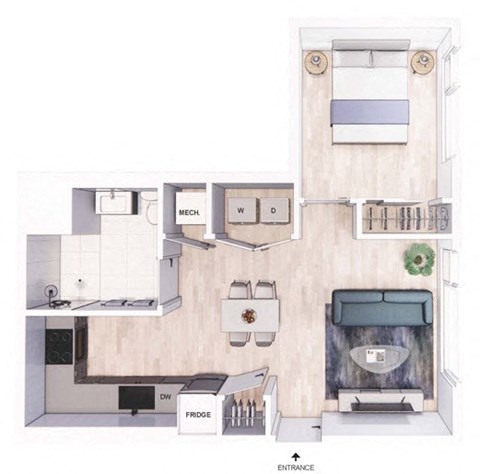 Floor plan for 1 bed, 1 bath, 590 sqft